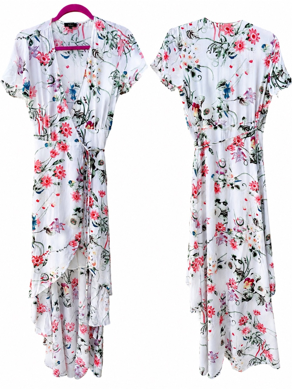 Aakaa White Floral Tie-Front Maxi with Pink Blooms
